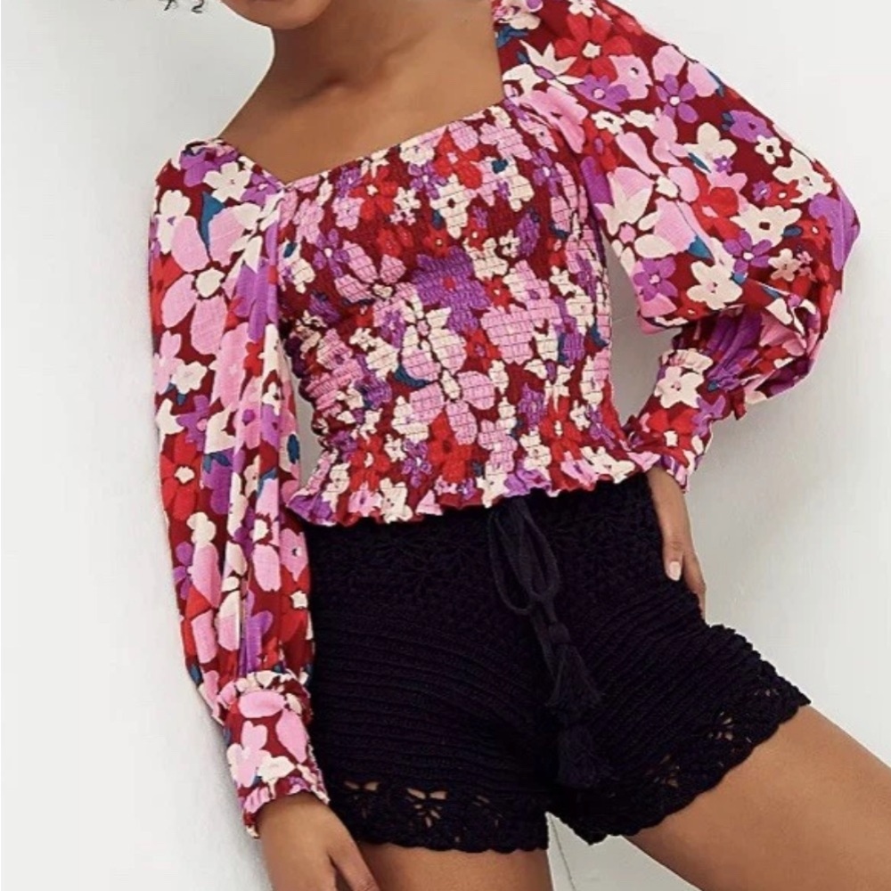 Free People Ariana Blouse Retro Floral Square Neck Poof Sleeve LS Top Medium Pnk